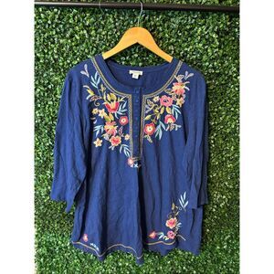 Sundance Embroidered Quarter Sleeve Top Sz 2XL